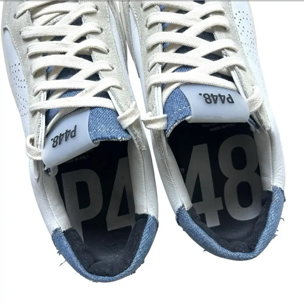 P448 John Denim Lace up Low Top Sneakers Women's White/Blue Round Toe Sz 38